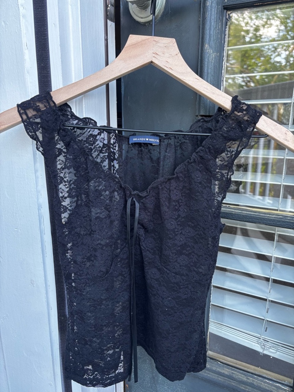 Brandy Melville Black Lace Tie-Front Short Sleeve Top